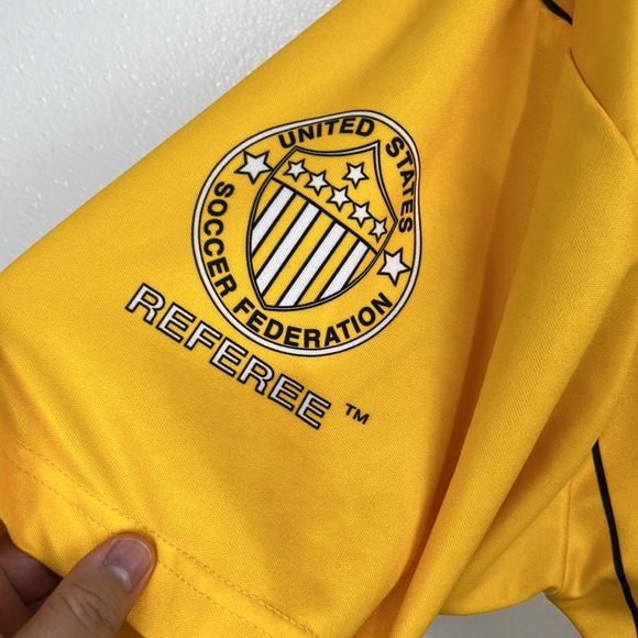 Official Sports Intl Polo Shirt Men Large Yellow Black Striped US Soccer Referee - Picture 7 of 11